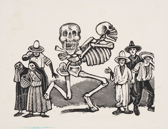 A black-and-white print of a running skeleton carrying a skull on its back as several people and clothed skeletons watch.