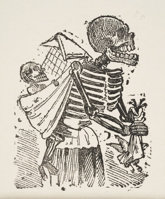 A black-and-white print of a skeleton carrying a baby skeleton on its back in a sling and holding a chicken by its wings.