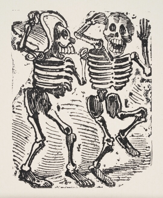 A black-and-white print of two skeletons dancing, one wearing a sombrero.