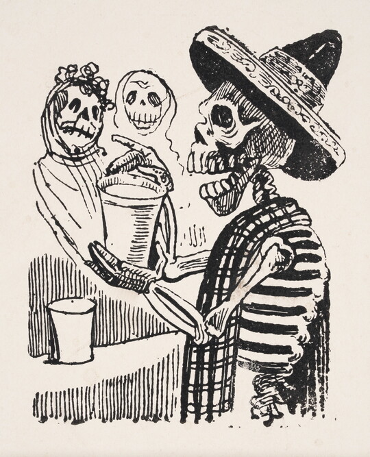 A black-and-white print of a skeleton wearing a sombrero and scarf shaking a glass in front of two skeletons.