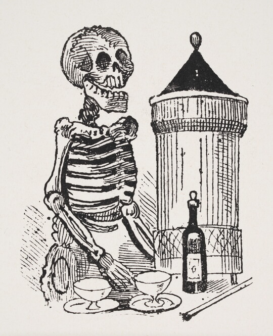 A black-and-white print of a skeleton standing behind a table on which sits two glasses, a bottle, and a tower-like structure.