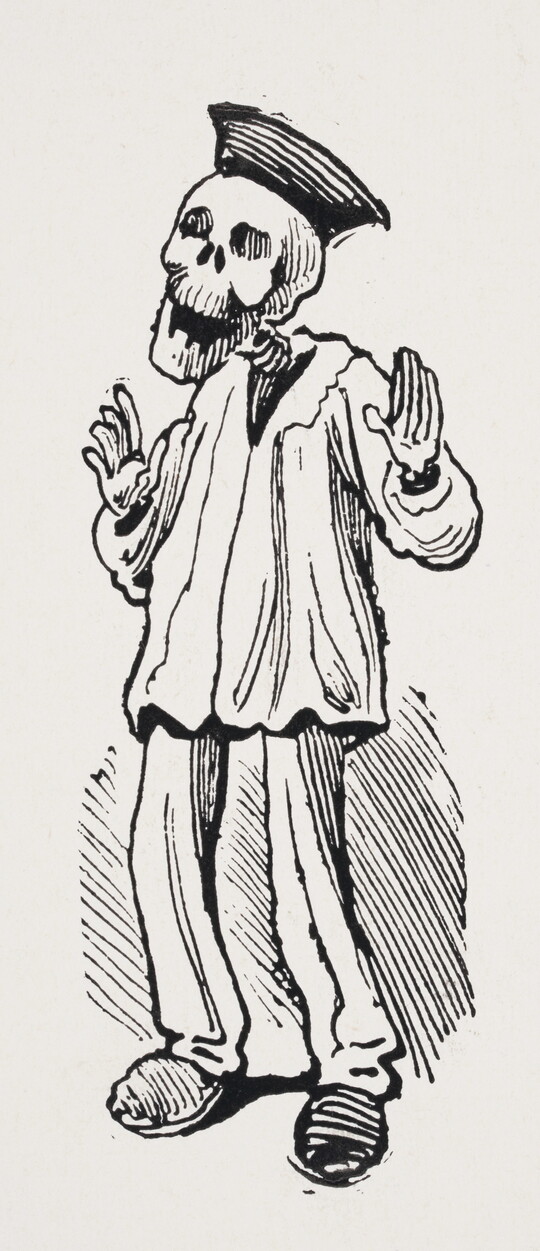 A black-and-white print of a skeleton wearing a headpiece, top, pants, and shoes.