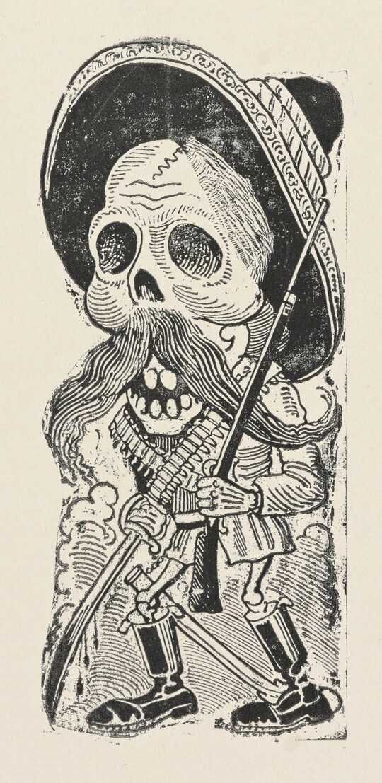 A black-and-white print of a skeleton with a mustache wearing a sombrero and a bandolier, holding a rifle in one hand and a sword in the other.