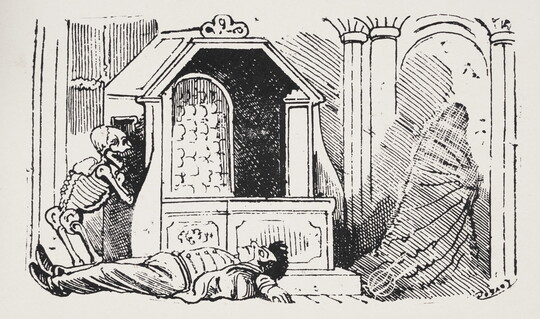 A black-and-white print of a skeleton kneeling next to a confessional, a man lying on the floor, and a cloaked figure walking away.