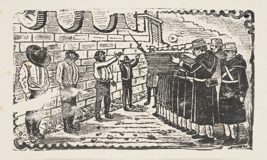 A black-and-white print illustration of a line of soldiers pointing their rifles at four men standing against a wall.