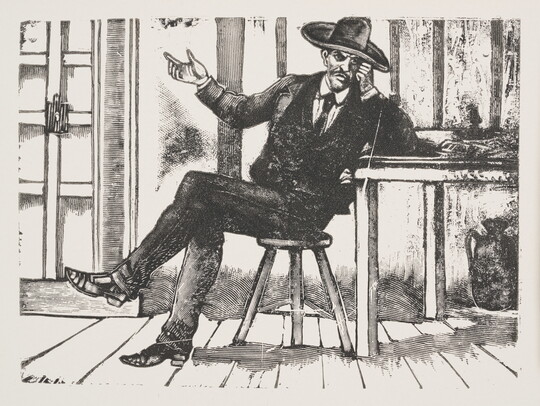 A black-and-white print illustration of a seated man wearing a hat and suit, leaning on a table with one arm and gesturing with the other.