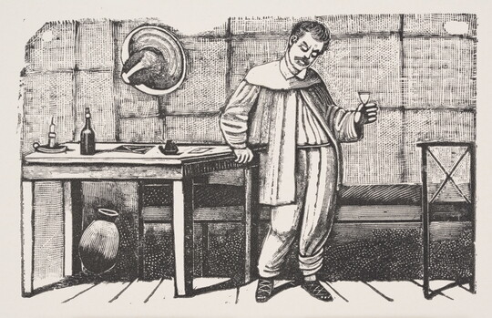 A black-and-white print illustration of a man standing next to a table holding a glass in one hand.