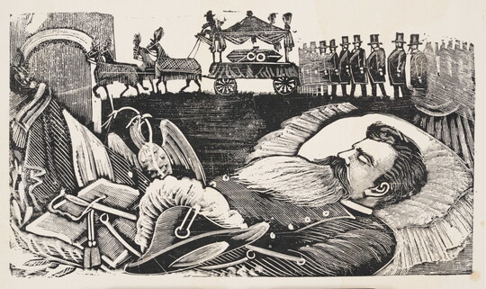 A black-and-white print illustration of the dead body of a bearded man dressed in military uniform, and a wagon pulling a hearse as a crowd follows behind.