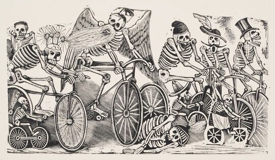 A black-and-white print of a group of skeletons, some with hats, mustaches, or wings riding bicycles.