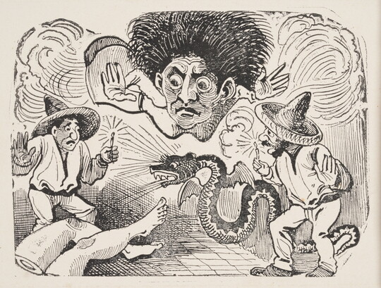 A black-and-white print of a large, dark-skinned person hovering above two men wearing sombreros and holding candles over a serpent with wings that is looking at legs protruding from the bottom left corner.