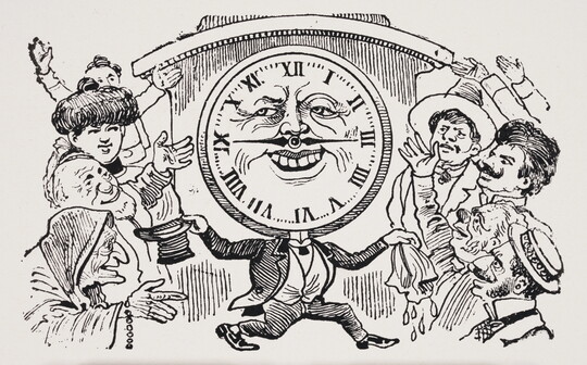 A black-and-white print of an anthropomorphized clock running between a crowd of people, many waving to it.
