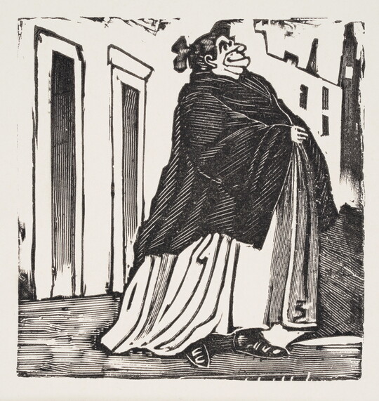 A black-and-white print of a large woman wearing a shawl and walking away from a building.