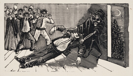 A black-and-white print of a cloaked skeleton dragging a man to the outdoors as a group of shocked onlookers watch.