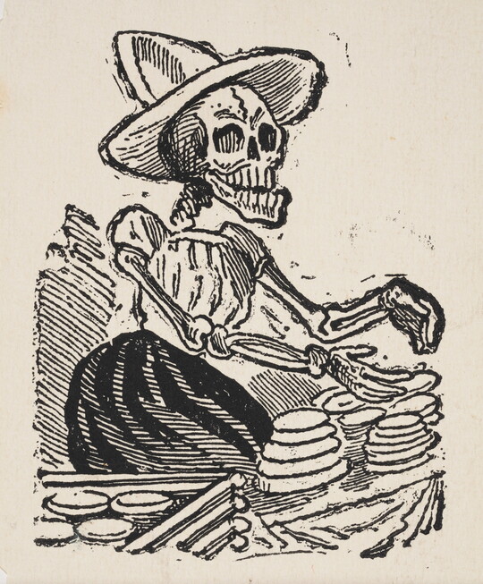 A black-and-white print of a skeleton wearing a sombrero and a dress while making tortillas at a table.