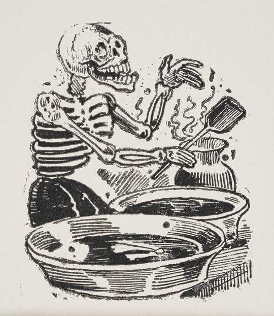 A black-and-white print of a skeleton standing in front of two large skillets holding a spatula in one of its hands.