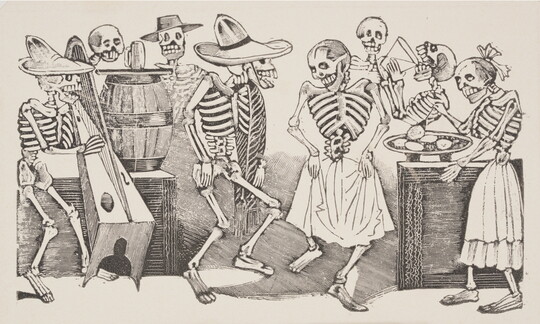 A black-and-white print of a party with a skeleton couple dancing next to a skeleton band as other skeletons eat and drink.