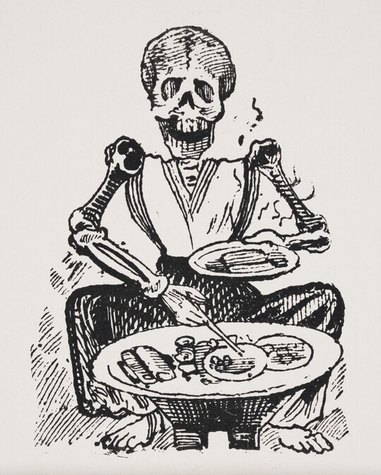 A black-and-white print of a seated skeleton wearing a dress serving food  from a tray to a plate.