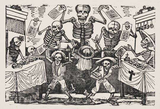 A black-and-white print of several skeletons, some dressed, holding up broadsides and two skeletons behind tables covered in cloths with crosses on the front.