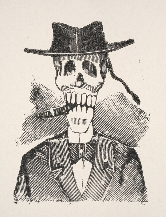 A black-and-white print of a skull wearing a bolero, smoking a cigar, and wearing a suit.