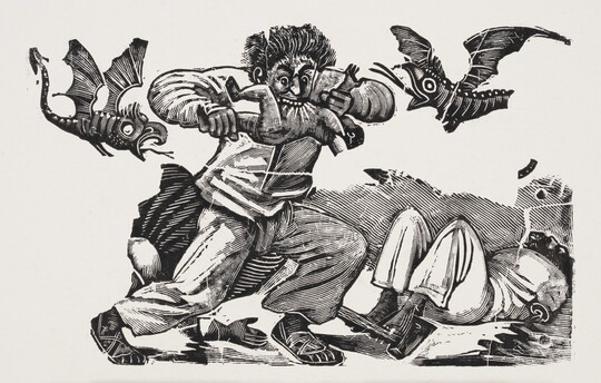 A black-and-white print showing a cartoon-ish man eating a child, and two dragon-like creatures flying around him.