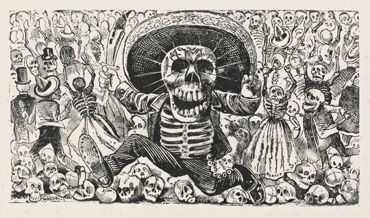 A black-and-white print of a running skeleton wearing a large sombrero and carrying a bloody knife in front of a large group of skeletons.