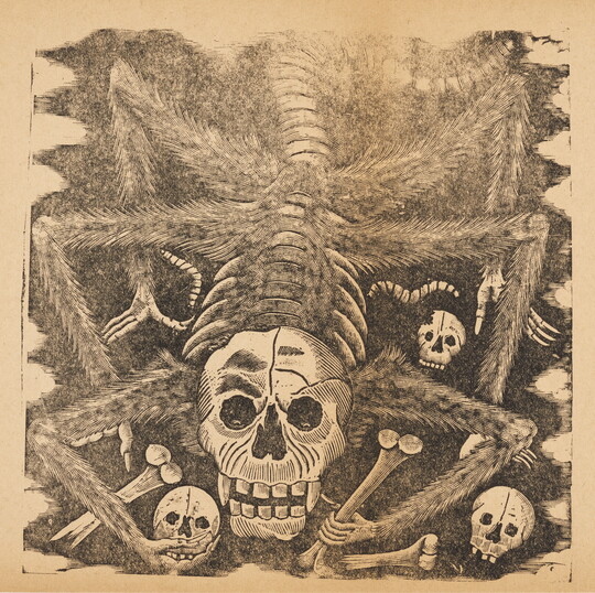 A sepia-toned print of a spider with a skull as a head, holding bones and skulls in its claws.