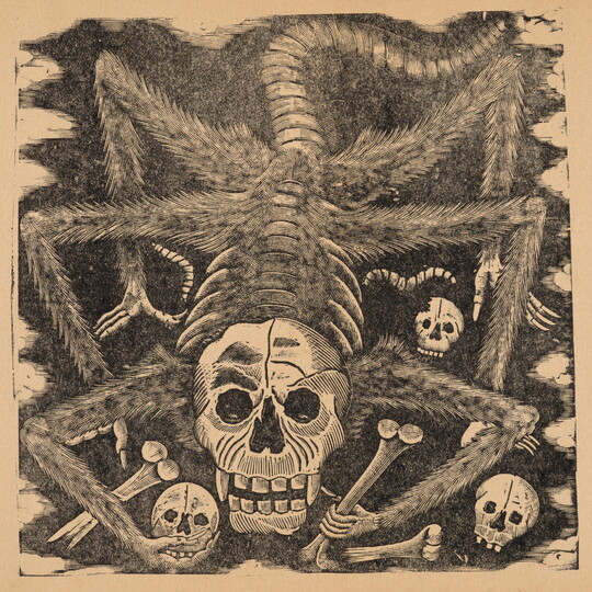 A sepia-toned print of a spider with a skull as a head, holding bones and skulls in its claws.