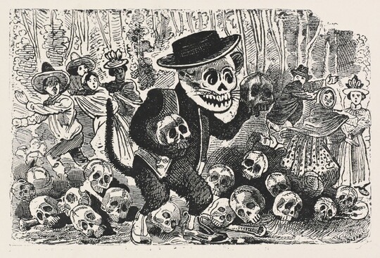 A black-and-white print of a skeleton with cat ears, wearing a hat and vest, holding a human skull in each hand, and standing among skulls as a humans in the background flee in fear.