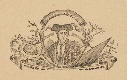 A black-and-white print of the bust of a matador in a decorative oval frame surrounded by plants, a sword, and a hat.