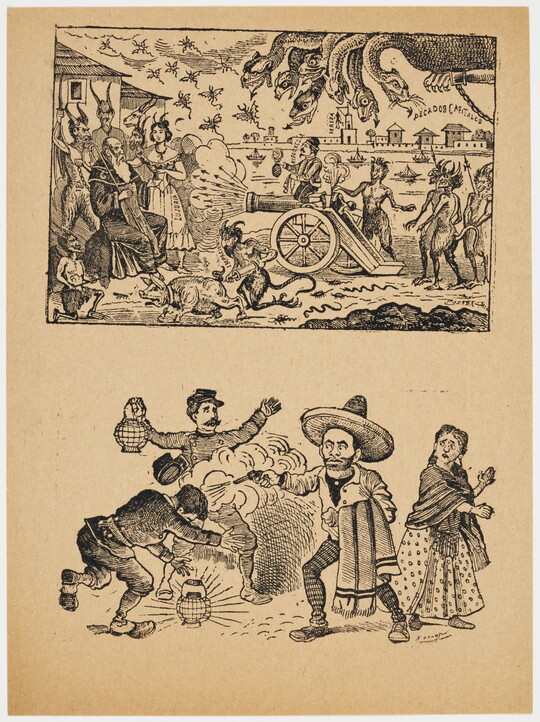 A black-and-white print of two vignettes: on the top, a multi-headed creature and various demons fire a cannon at an old man; on the bottom, a man wearing a sombrero shoots another man as two people watch.