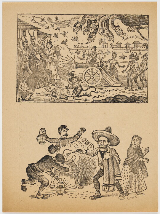 A black-and-white print of two vignettes: on the top, a multi-headed creature and various demons fire a cannon at an old man; on the bottom, a man wearing a sombrero shoots another man as two people watch.