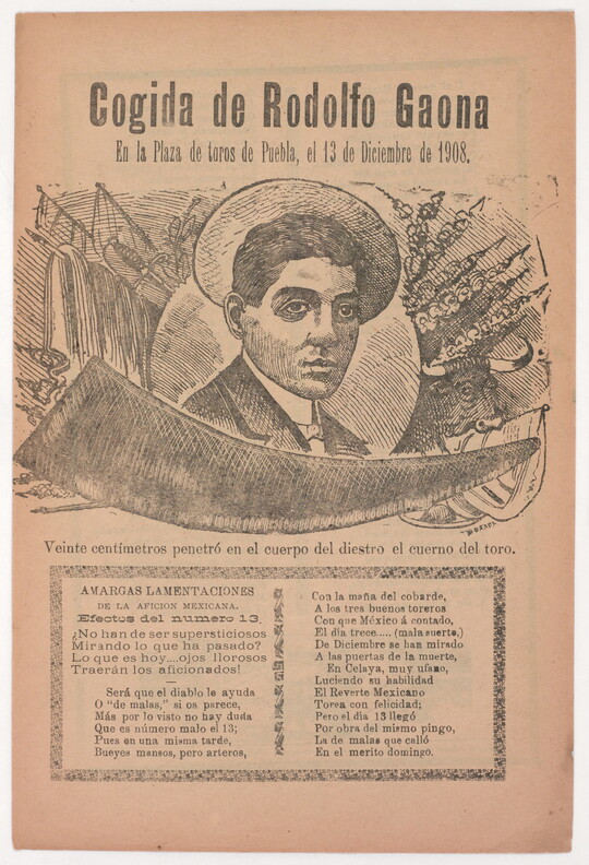 A yellowed black-and-white print of Spanish text beneath an image of a man surrounded by symbols of bullfighting.