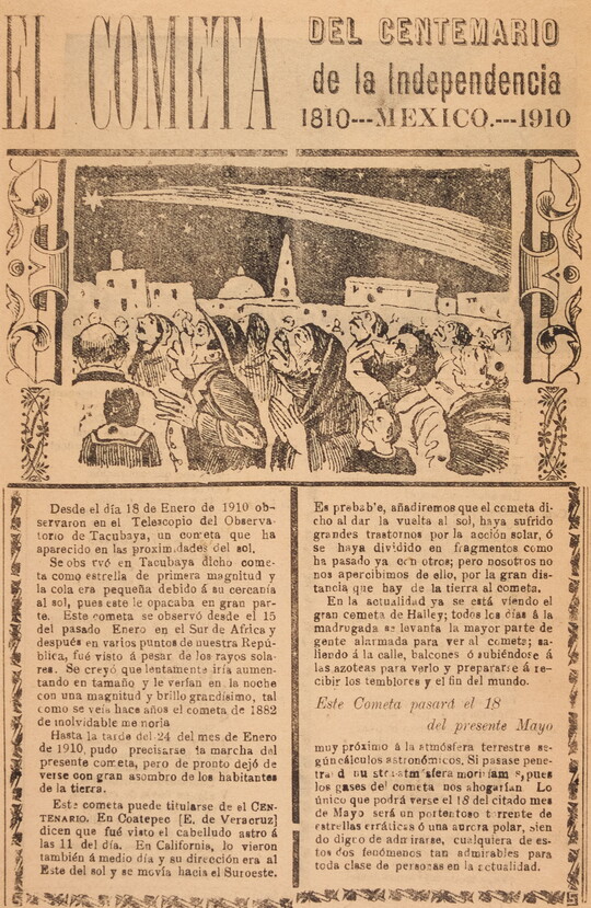A yellowed black-and-white print of people watching a comet moving through the night sky above a block of Spanish text.