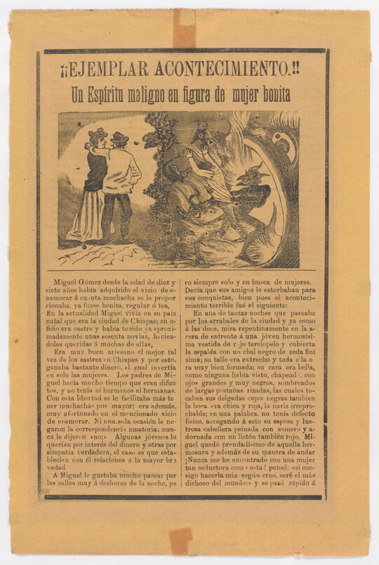 A black-and-white printed leaflet with Spanish text below a two-part illustration: on the left, a couple; on the right, a devil and other monsters pulling a man into a hole.