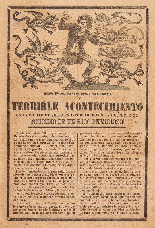A black-and-white printed leaflet with Spanish text below an illustration of a man being attacked by seven creatures representing the seven deadly sins.