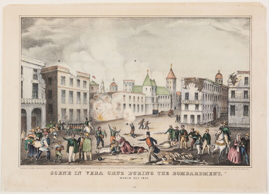 A color print of a crowd of people and soldiers running on a street as an explosion destroys a building in the background.