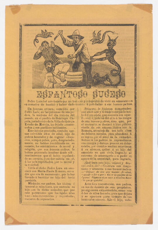 A black-and-white printed leaflet with Spanish text below an illustration of a man with a knife stabbing a man on the ground as a devil pushes him forward.