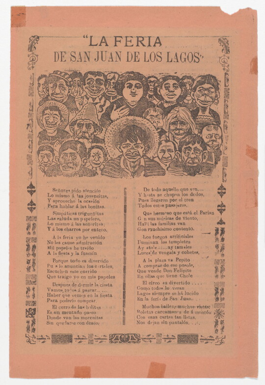 A yellowed black-and-white print of Spanish text beneath a group of cartoon-like people facing the viewer.