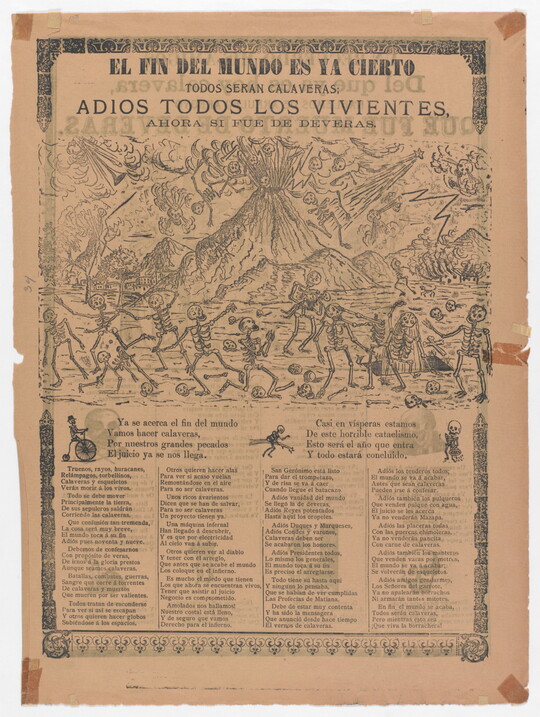 A yellowed black-and-white print of Spanish text beneath an image of an erupting volcano and skeletons running from the blast.