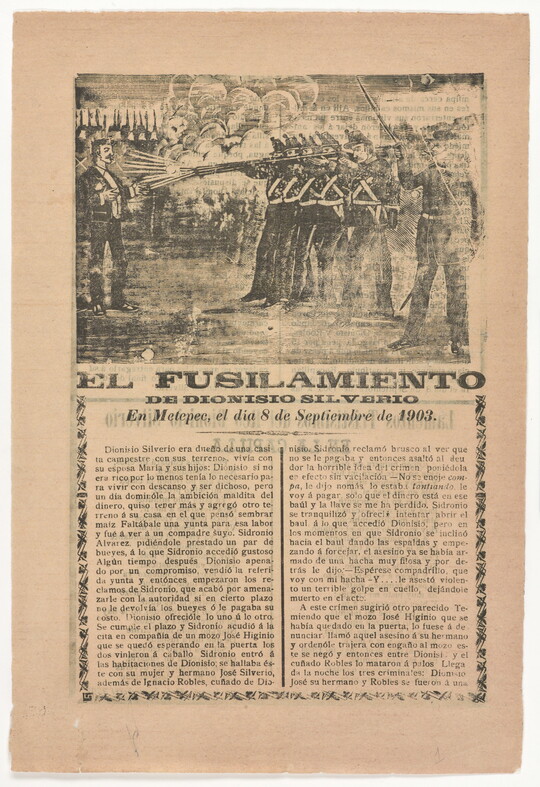 A black-and-white printed leaflet with Spanish text below an illustration of a uniformed firing squad shooting rifles at a single man.