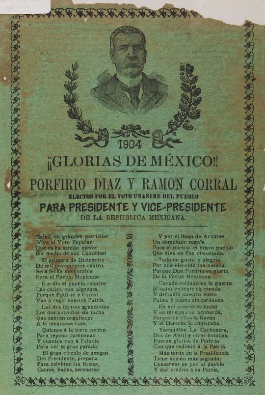 A black-and-white print of Spanish text below a bust of a mustachioed man wearing a suit.