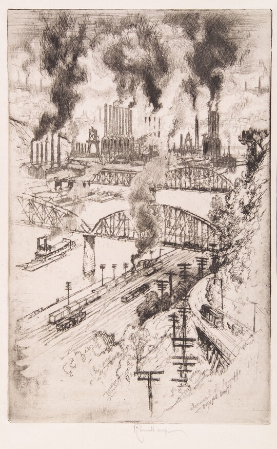 A black-and-white print of an industrial scene with multiple train lines, bridges over a river, and smokestacks billowing smoke in the distance.
