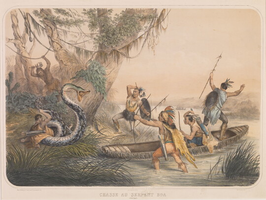 A color print of Indigenous people, some in a canoe and some on the shore, shooting bows and arrows at a large snake with its mouth open that is coiled around a person.