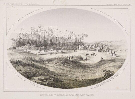 A black-and-white print of a military fort next to an Indigenous community of tipis inside of an oval border.