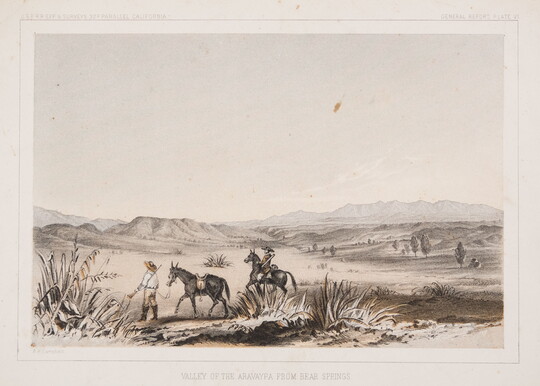 A color print of a desert landscape in earthtones of two figures, one horseback and the other leading a horse.