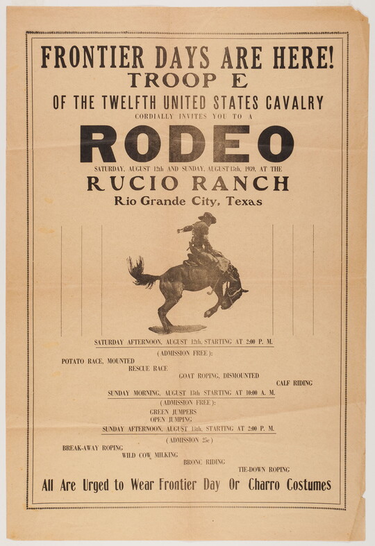 A black-and-white poster advertising Frontier Days in Rio Grande, Texas, with an image of a cowboy on a bucking horse.