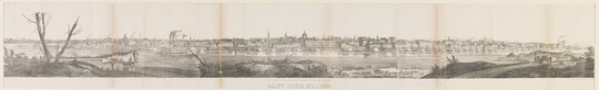 A black-and-white panoramic print of a city on the banks of a river.