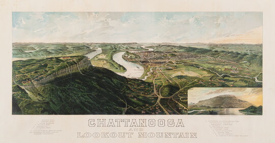 A color print of a bird's eye view of a mountain with a curving river running next to a town; an inset illustration shows the river and mountain at ground level.