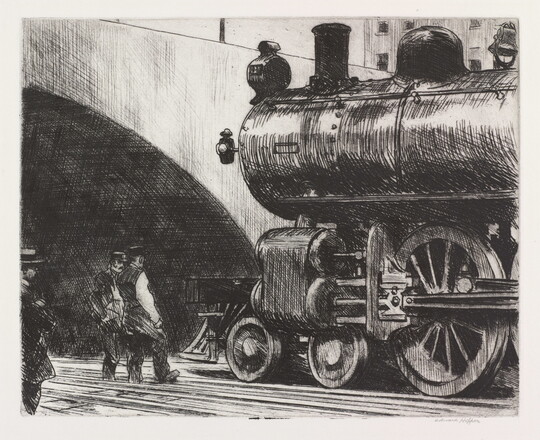 A black-and-white print illustration of three men looking closely at a locomotive on tracks just outside of a tunnel.