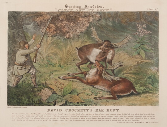 A color print of a White man wearing hunting gear and holding a rifle as he approaches two elk, one lying down, in a forest.